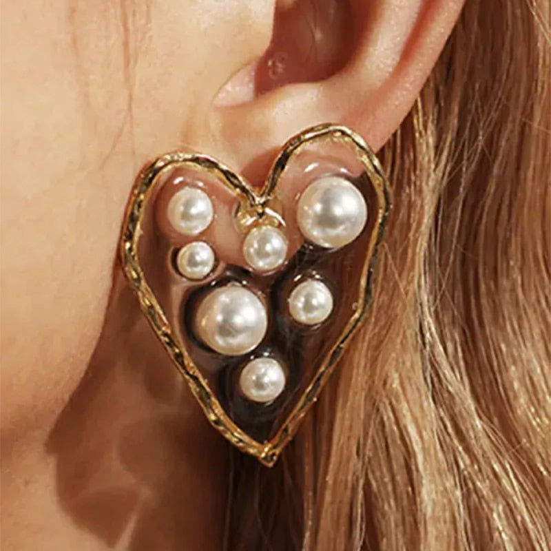 Geometric Gold Pearl Stud Earrings