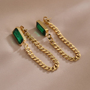 Emerald Crystal Chain Tassel Earrings