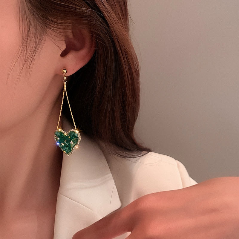 Green Heart-shaped Drop Earrings