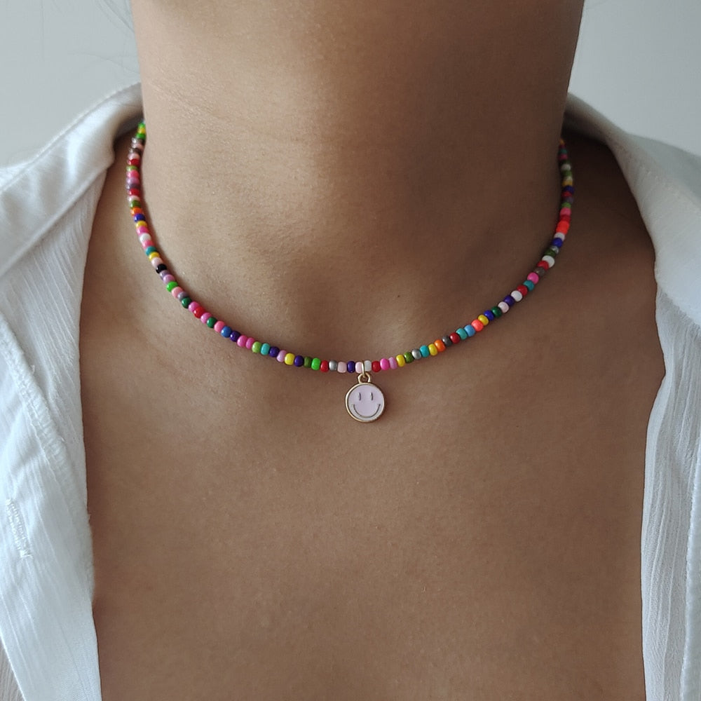 Rainbow Beaded Enamel Smiley Choker