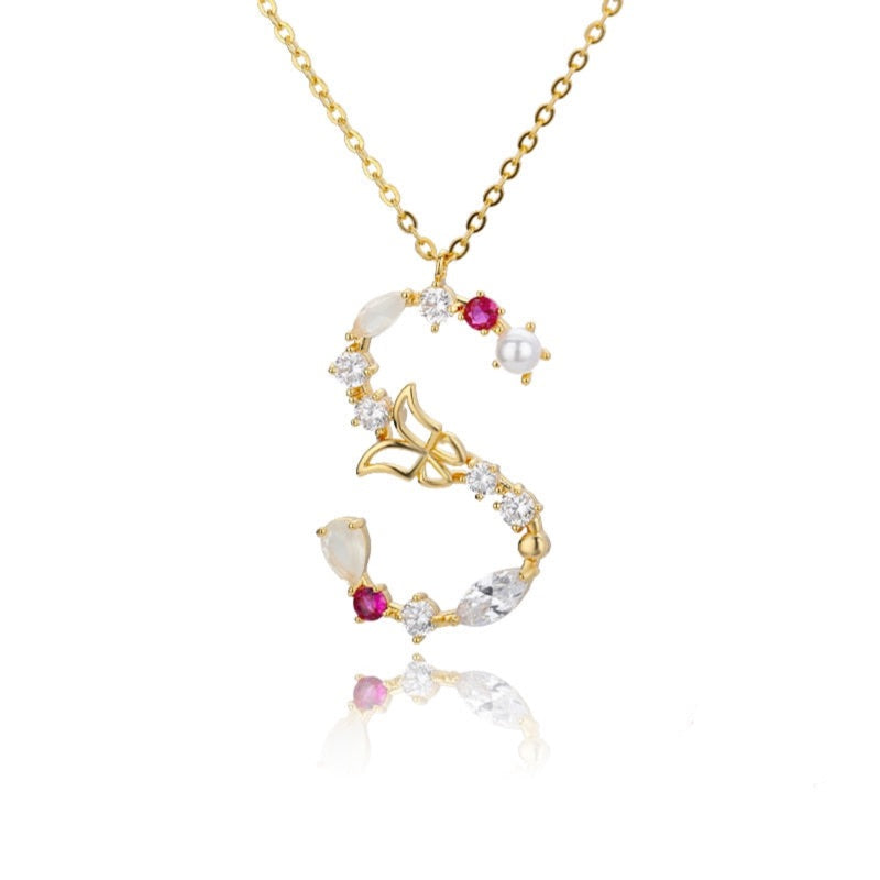 Crystal Butterfly Initial Letter Necklace