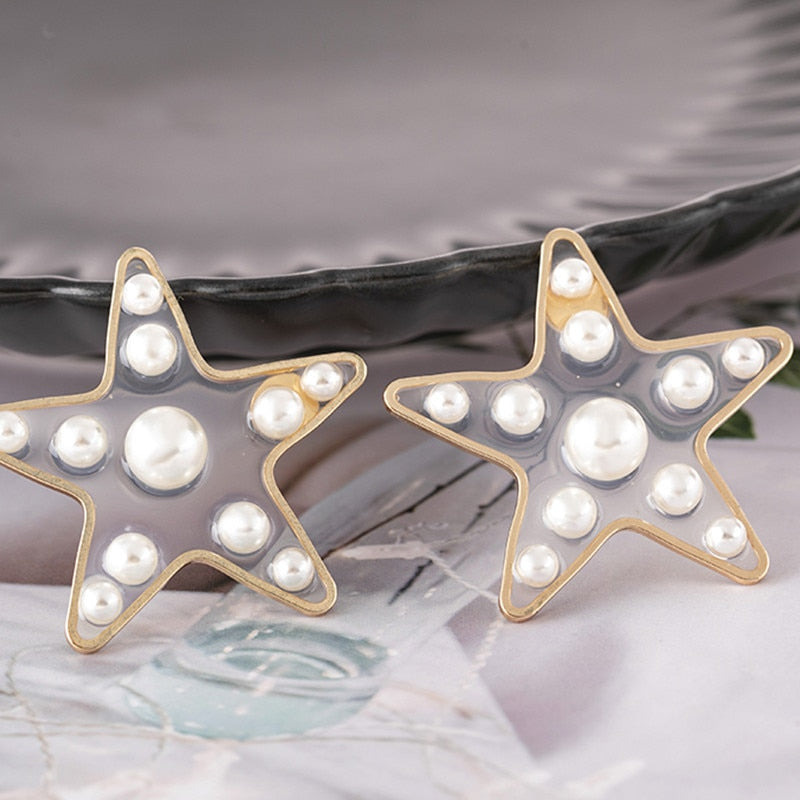 Geometric Gold Pearl Stud Earrings