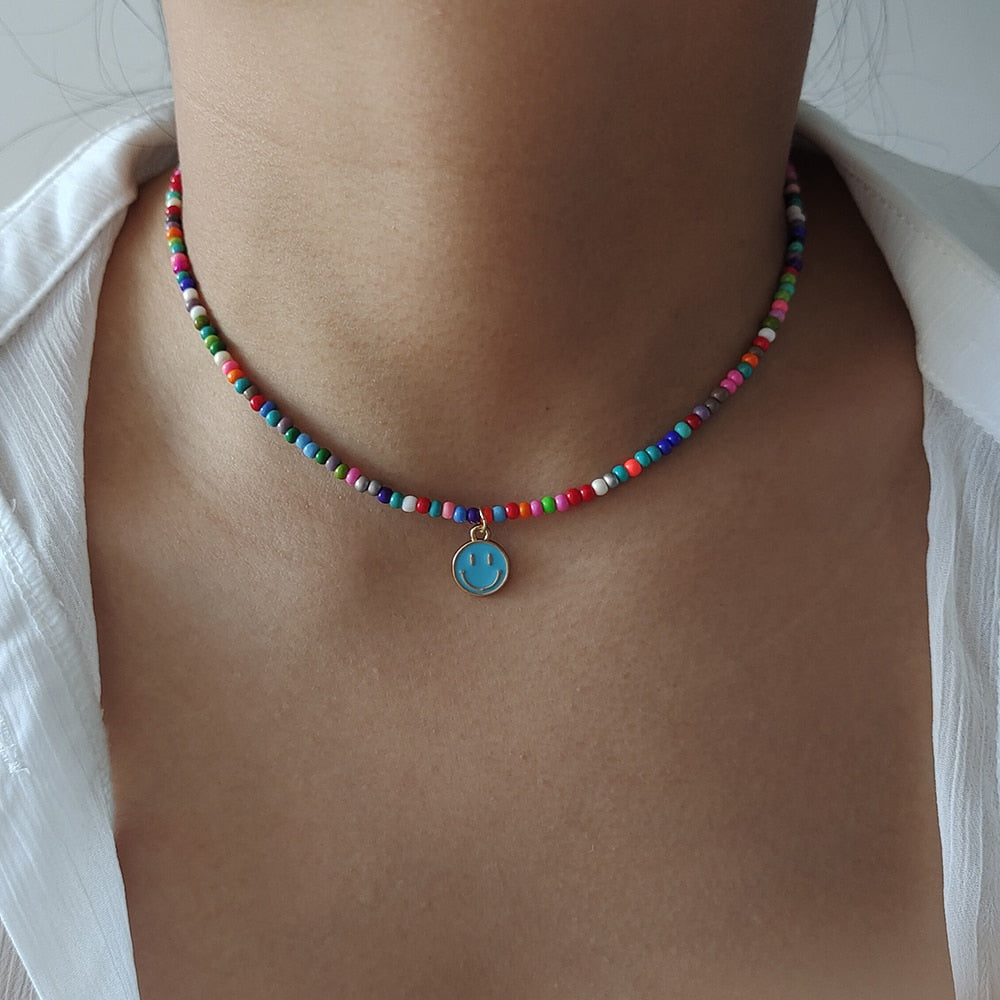 Rainbow Beaded Enamel Smiley Choker