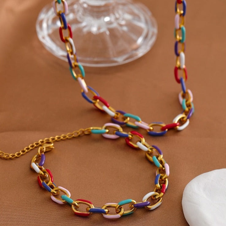 Rainbow Enamel Chain Necklace & Bracelet