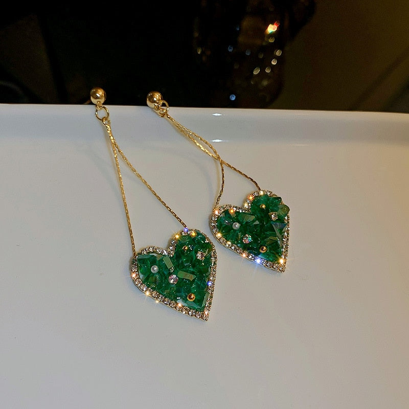 Green Heart-shaped Drop Earrings