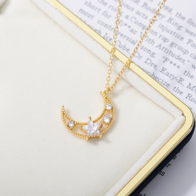 Moon and Star Crystal Necklace