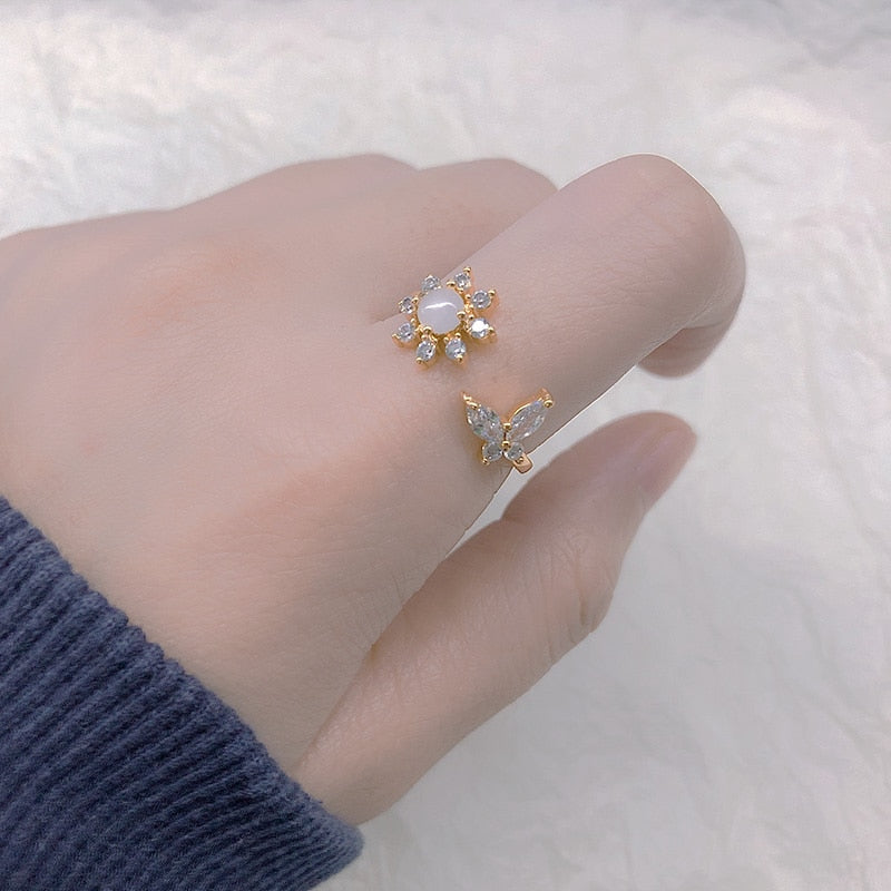 Crystal Sun Flower And Butterfly Ring