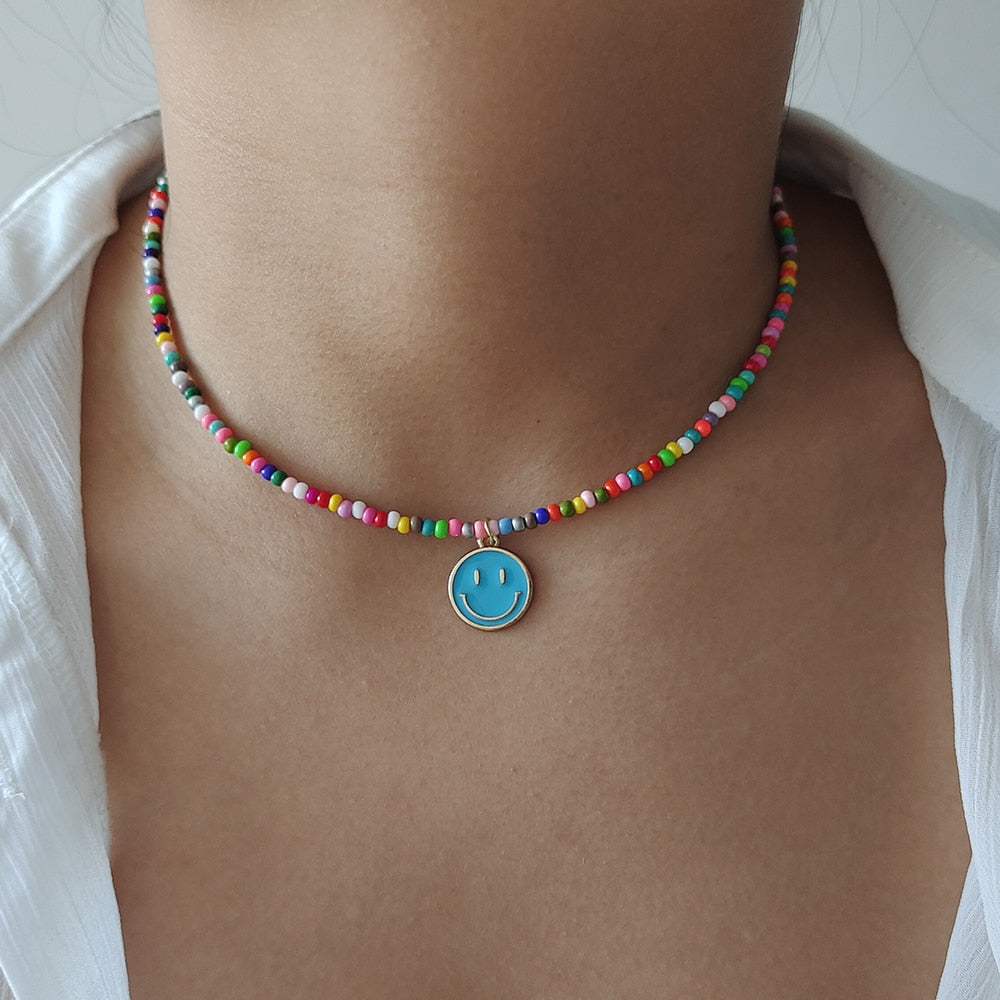 Rainbow Beaded Enamel Smiley Choker