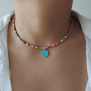 Rainbow Beaded Enamel Smiley Choker