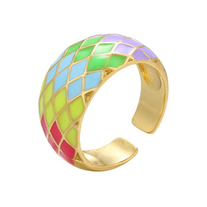 Colorful Enamel Checkered Cuff Ring