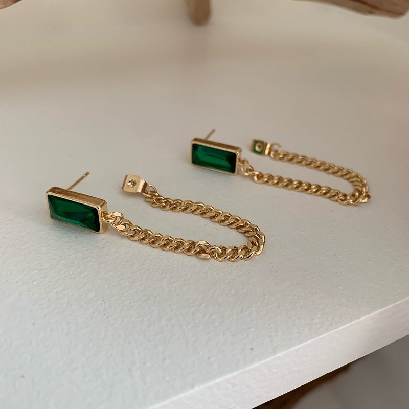Emerald Crystal Chain Tassel Earrings