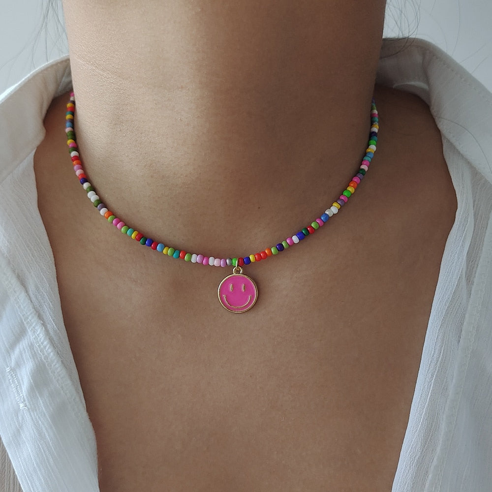 Rainbow Beaded Enamel Smiley Choker