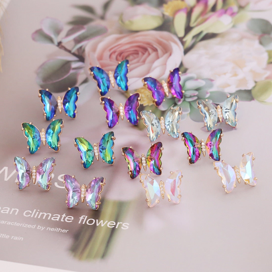 Rainbow Crystal Butterfly Stud Earrings