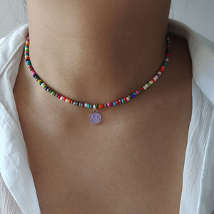Rainbow Beaded Enamel Smiley Choker