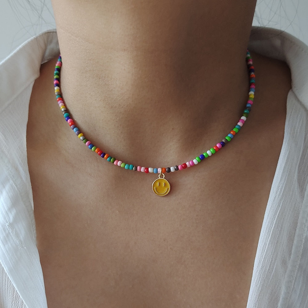 Rainbow Beaded Enamel Smiley Choker