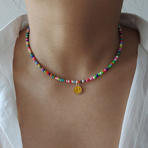 Rainbow Beaded Enamel Smiley Choker
