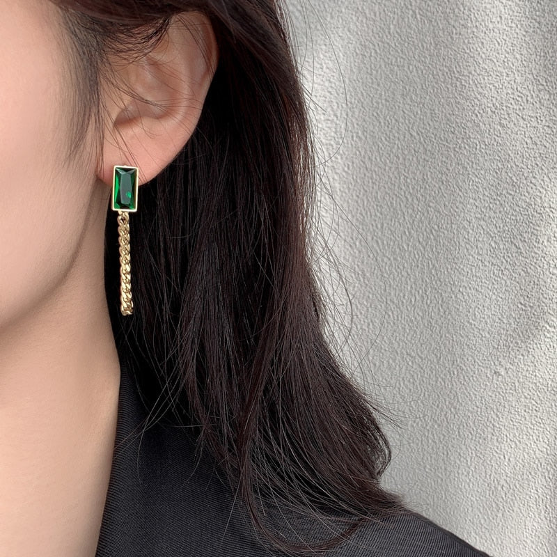 Emerald Crystal Chain Tassel Earrings