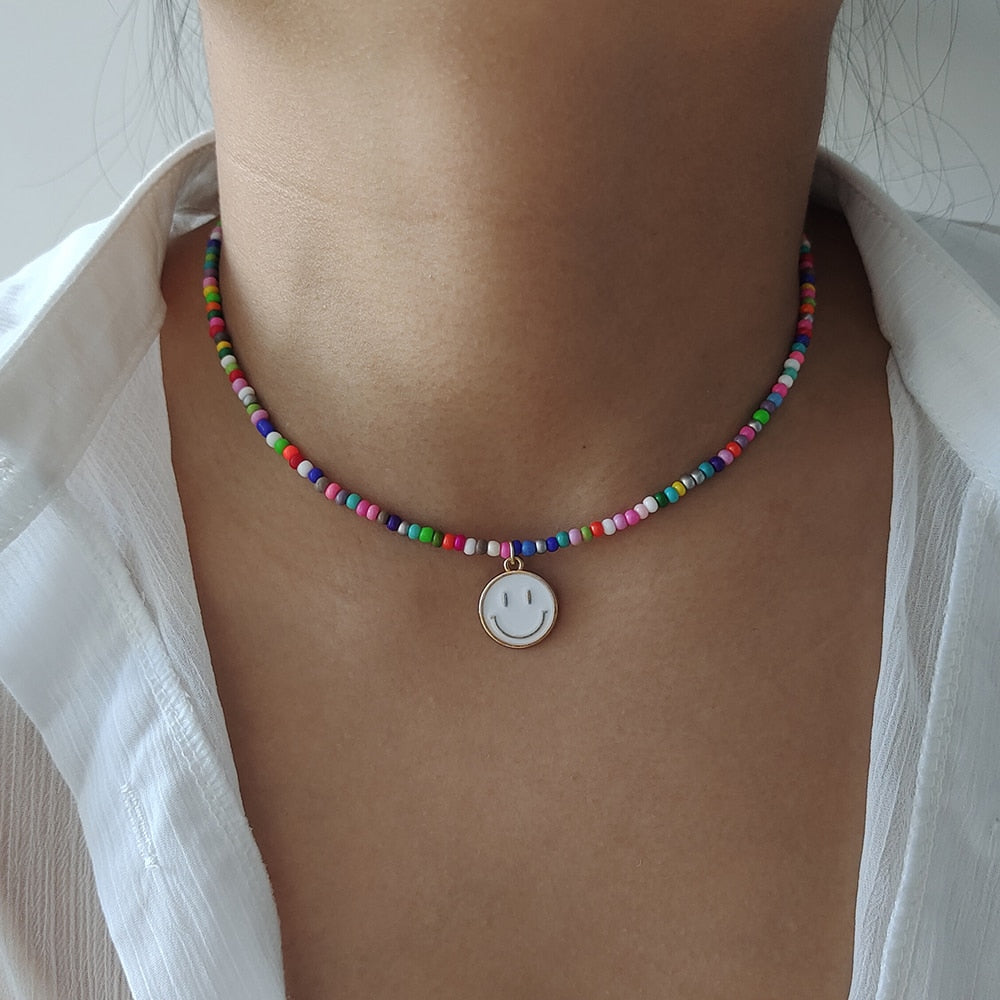 Rainbow Beaded Enamel Smiley Choker